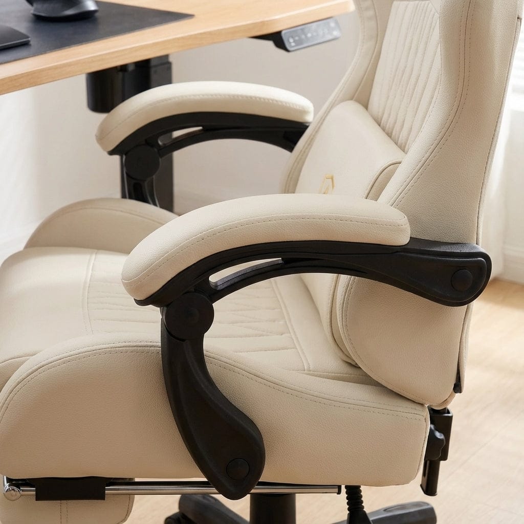 Détail des accoudoirs noirs rembourrés et réglables de la chaise gaming GTPLAYER en cuir blanc crème.