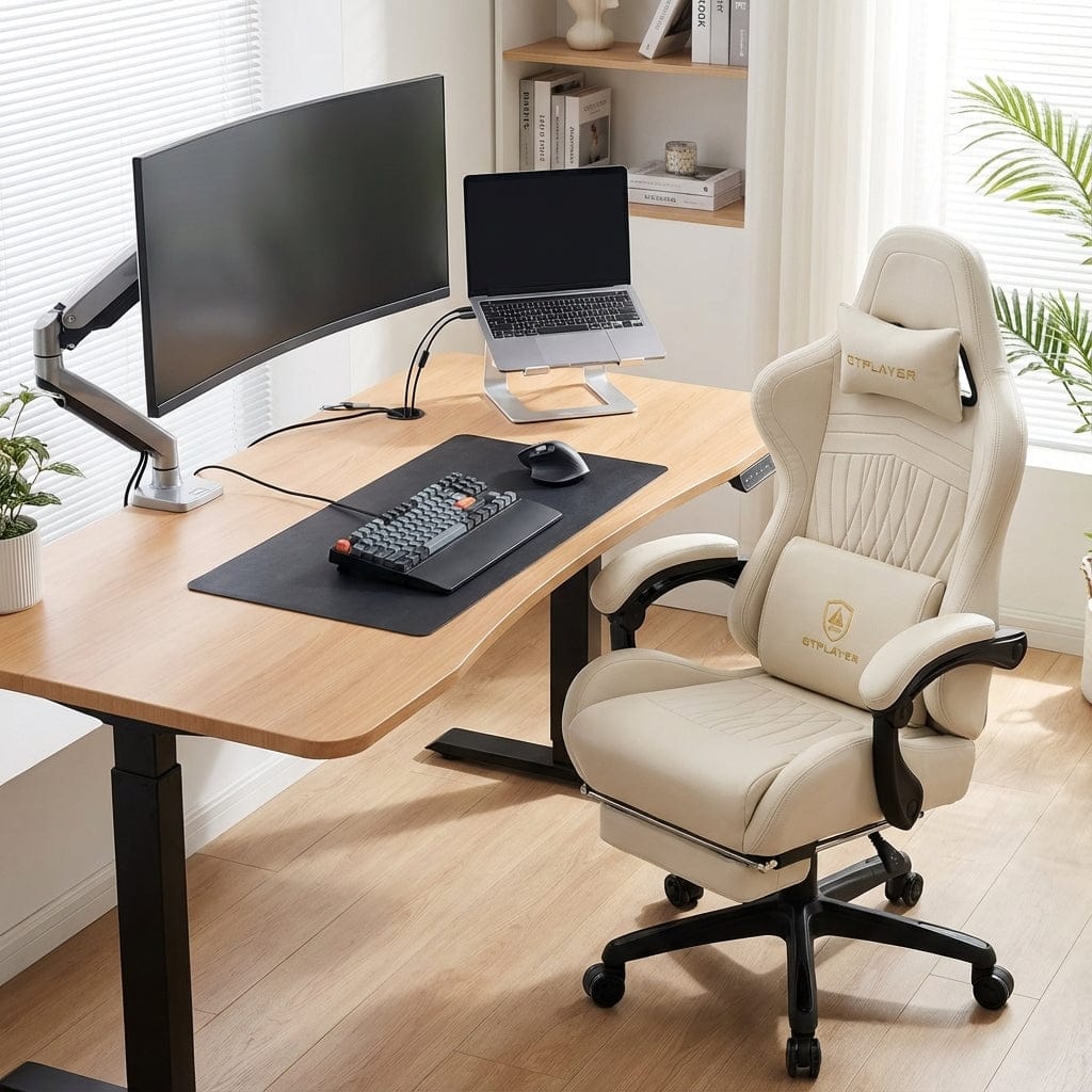 Chaise GTPLAYER ergonomique blanche crème avec repose-pieds intégrée dans un setup de bureau moderne (double écran, bureau réglable en hauteur) pour le travail et le gaming.