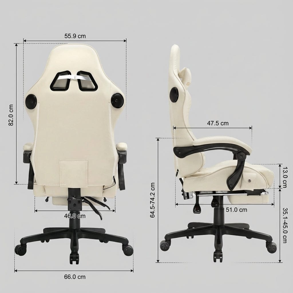 Schéma technique de dimensions de la chaise gaming GTPLAYER (vue de dos et de côté), incluant les haut-parleurs Bluetooth et les mesures en centimètres.