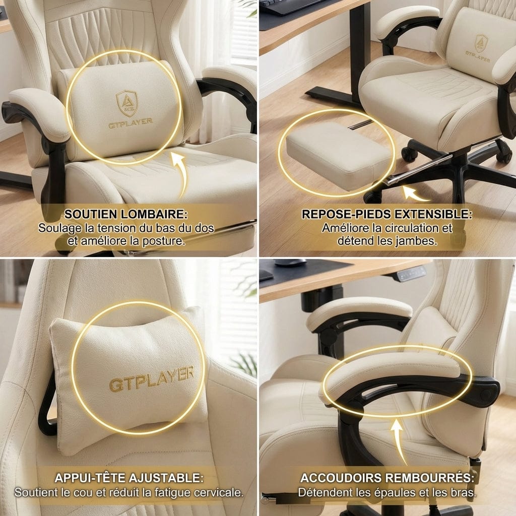 Montage photo (quadriptyque) présentant les caractéristiques ergonomiques principales de la chaise GTPLAYER : soutien lombaire, repose-pieds extensible, appui-tête ajustable, et accoudoirs rembourrés.