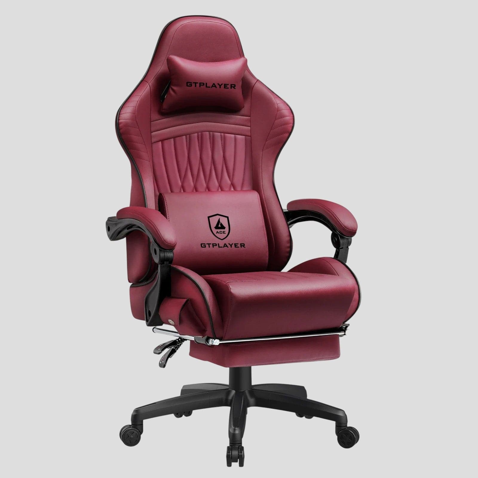 Chaise gaming ergonomique GTPLAYER bordeaux avec repose-pieds rétractable, coussin lombaire et d'appui-tête (logo noir), idéale pour bureau et jeux, compatible Bluetooth.