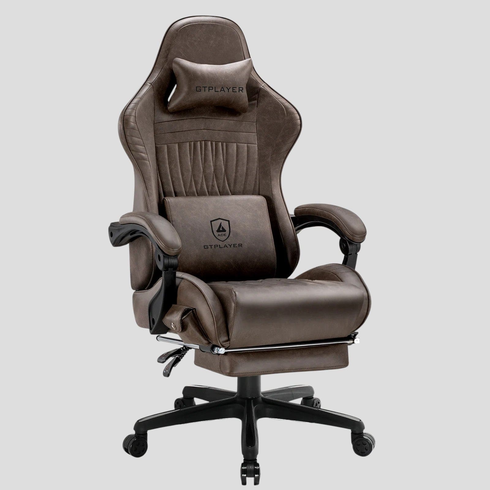 Chaise gaming ergonomique GTPLAYER marron clair avec repose-pieds rétractable, coussin lombaire et d'appui-tête (logo noir), idéale pour bureau et jeux, compatible Bluetooth.
