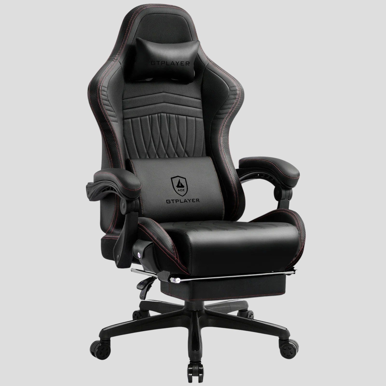 Chaise gaming ergonomique GTPLAYER noir et rouge avec repose-pieds rétractable, coussin lombaire et d'appui-tête (logo noir), idéale pour bureau et jeux, compatible Bluetooth.