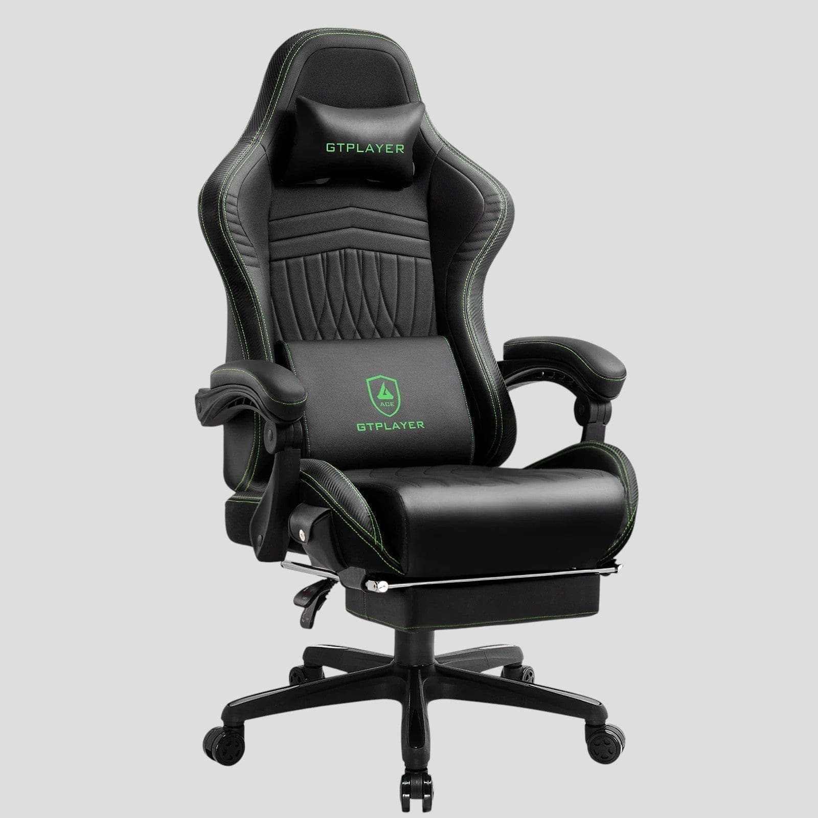 Chaise gaming ergonomique GTPLAYER noir et vert avec repose-pieds rétractable, coussin lombaire et d'appui-tête (logo vert), idéale pour bureau et jeux, compatible Bluetooth.