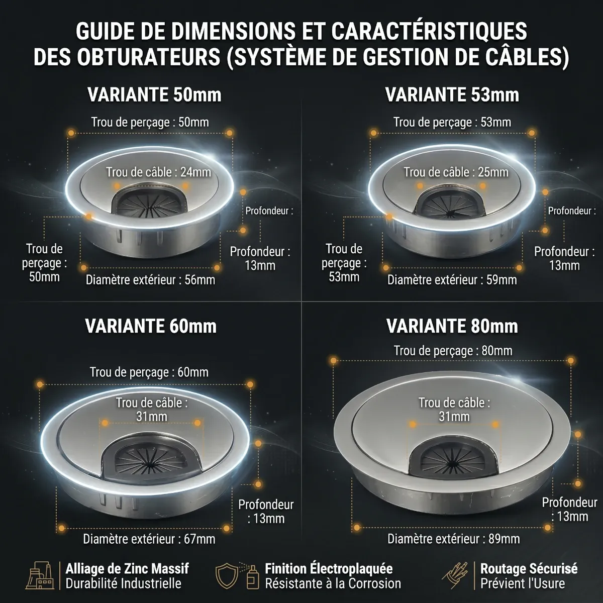 Guide des dimensions (50mm, 53mm, 60mm, 80mm) et caractéristiques de l'obturateur passe câbles Aura Core.