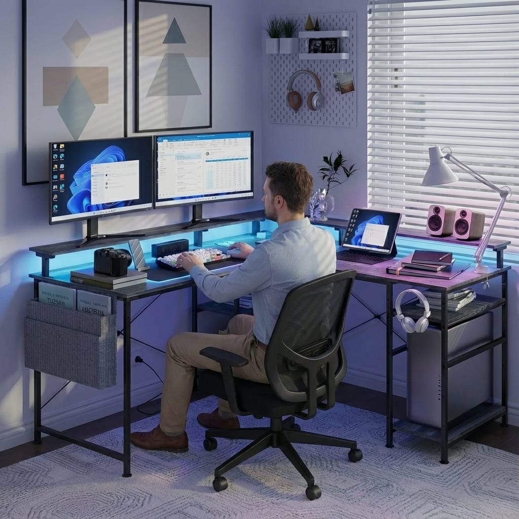 Un homme travaillant sur le bureau d'angle en configuration L avec double écran, éclairage LED bleu et PC intégré.