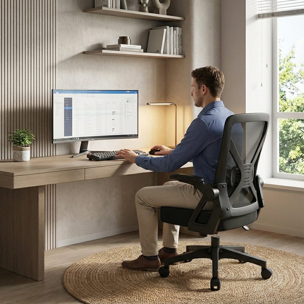 Un homme est assis et travaille à un bureau à domicile moderne sur une chaise de bureau ergonomique noire en maille. L'espace de travail est lumineux, minimaliste, avec un tapis en jute, des étagères et une fenêtre. Illustre le télétravail confortable et productif.
