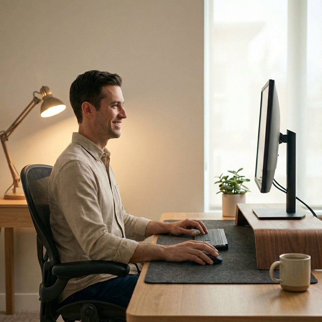 Homme souriant travaillant sur ordinateur à son bureau à la maison, assis sur une chaise de bureau ergonomique. Le bureau en bois est équipé d'un support d'écran, d'un grand tapis de souris en feutre gris, et d'une lampe de travail.