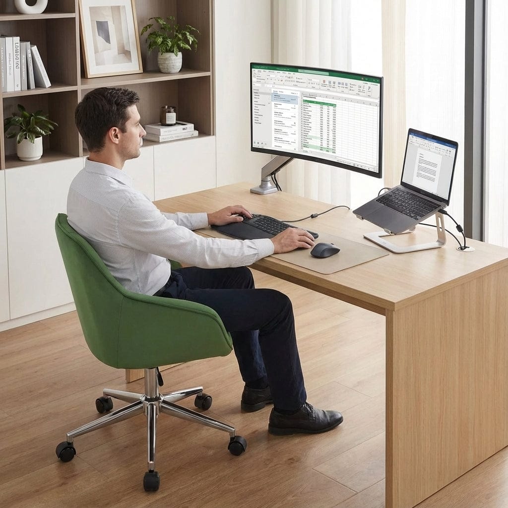 Homme assis sur la chaise de bureau en velours vert utilisant un ordinateur dans un bureau lumineux.
