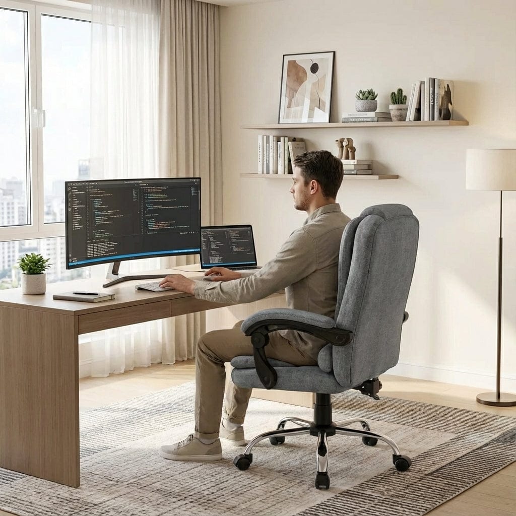 Un homme est assis dans un fauteuil de bureau ergonomique gris en tissu, travaillant sur un grand moniteur incurvé et un ordinateur portable, illustrant le confort pour le télétravail dans un bureau moderne et lumineux.