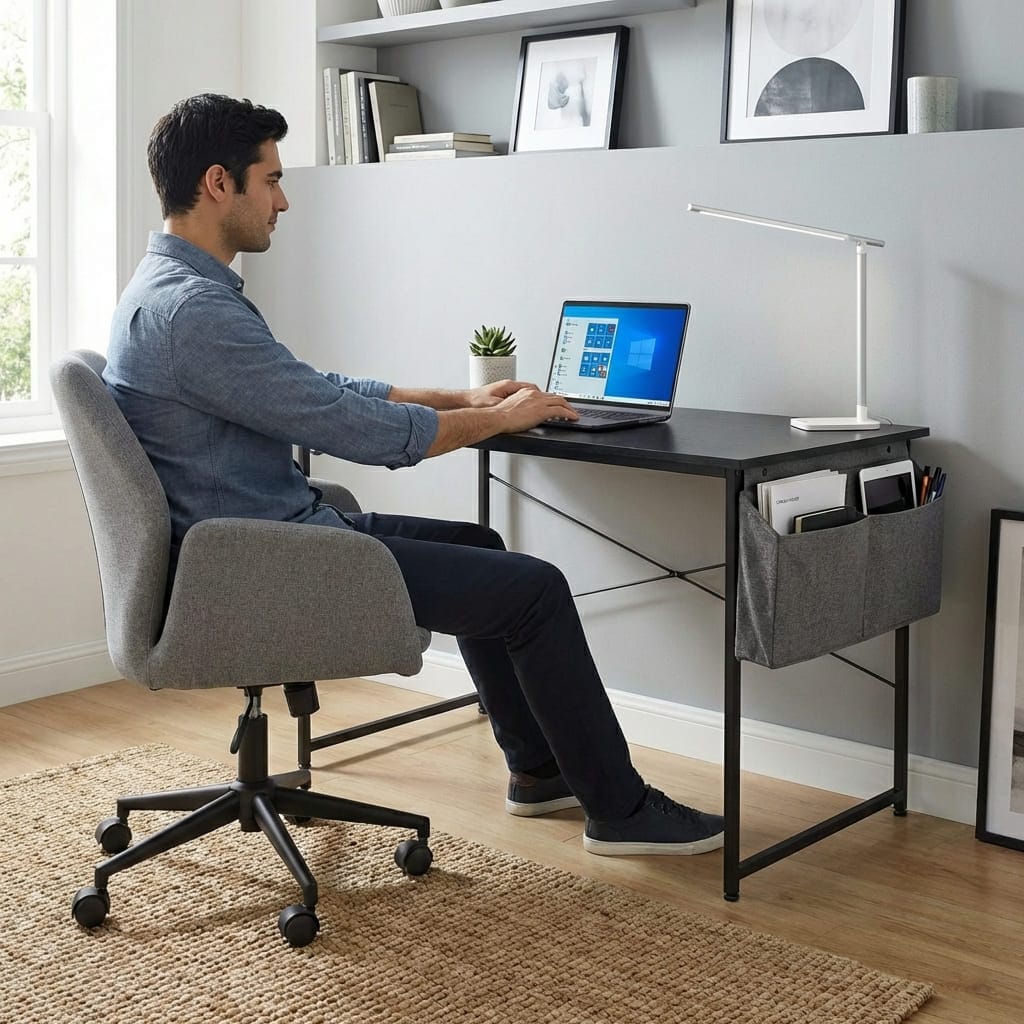 Homme utilisant le bureau bois MDF compact pour le télétravail, illustrant l'ergonomie et le confort du poste de travail.