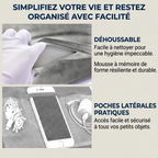Détails de la housse déhoussable en microfibre et des poches en filet du support tablette Samsung et iPad ErgoNest.