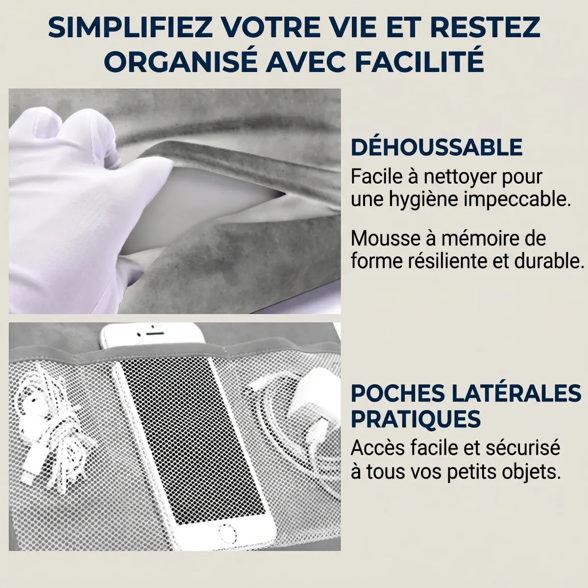 Détails de la housse déhoussable en microfibre et des poches en filet du support tablette Samsung et iPad ErgoNest.