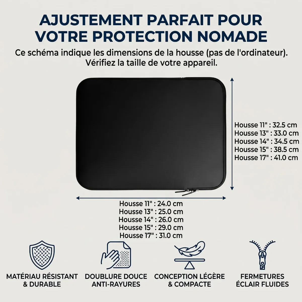 Guide des tailles housse ordinateur NeoSkin, compatible 13 pouces, 14 pouces et 15 pouces pour s'adapter à votre porte-documents.