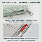 Détails techniques de l'étui ordinateur portable Aero avec sa double fermeture éclair et son passant élastique pour stylet