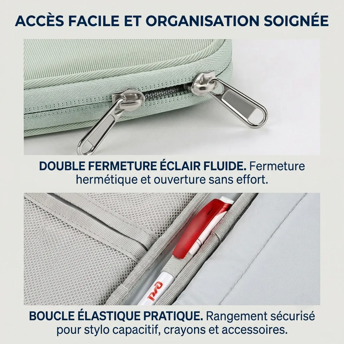 Détails techniques de l'étui ordinateur portable Aero avec sa double fermeture éclair et son passant élastique pour stylet