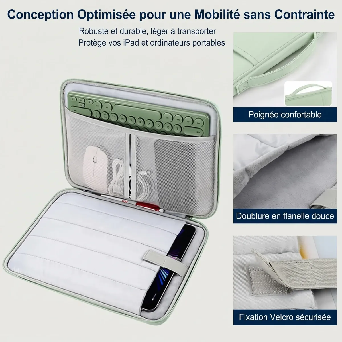 Infographie de la housse macbook Aero montrant l'organisation et le rangement du clavier, de la souris et de l'iPad