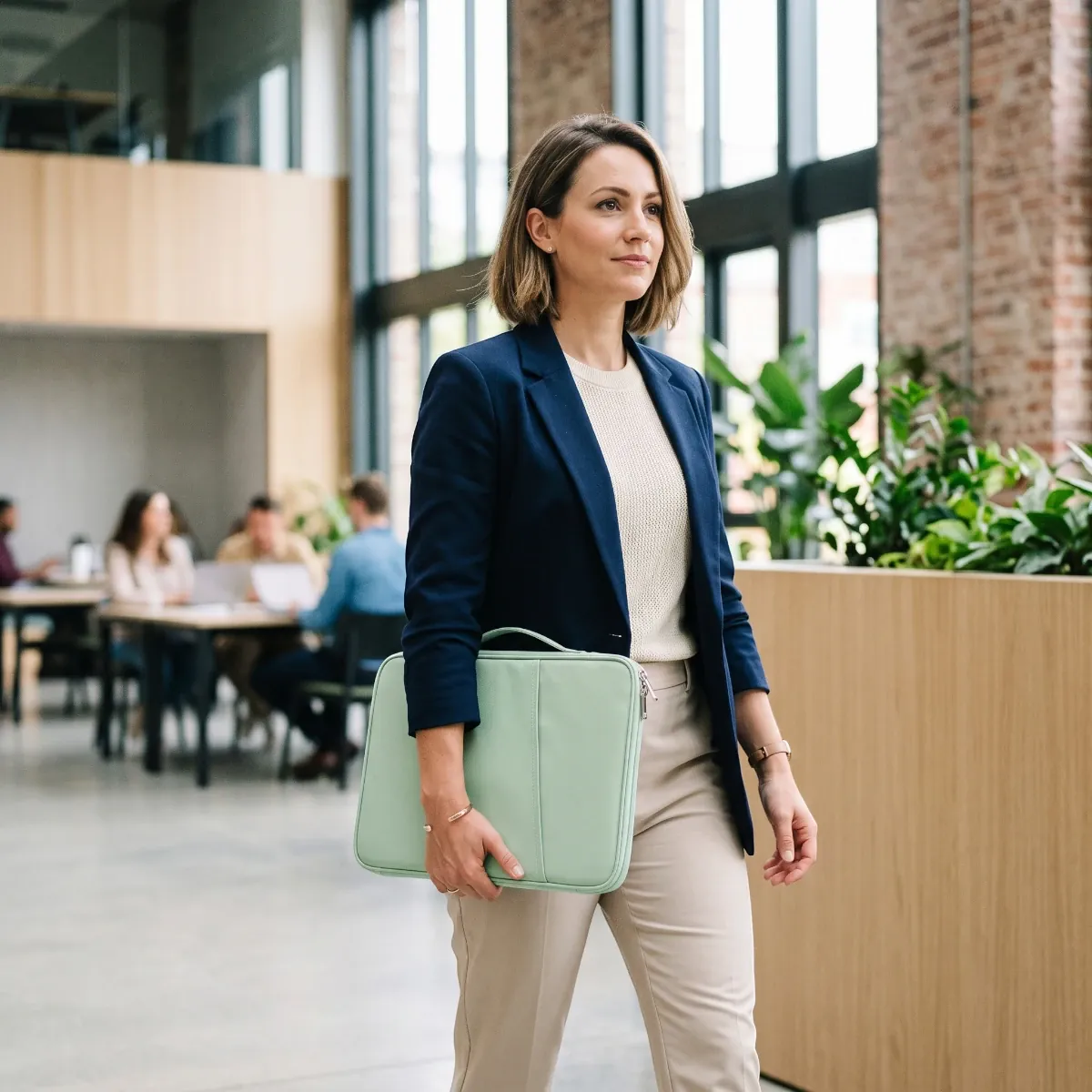 Femme d'affaires portant la housse ordinateur portable Aero vert sauge dans un espace de coworking