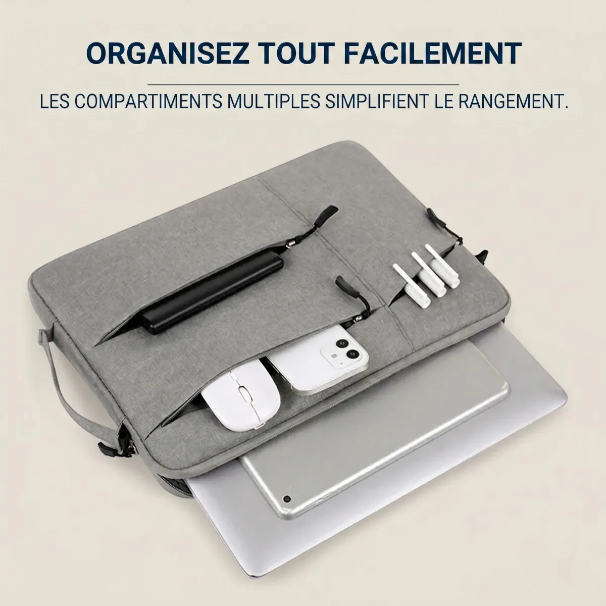 Housse ordinateur Cova grise avec rangements multi-poches pour accessoires