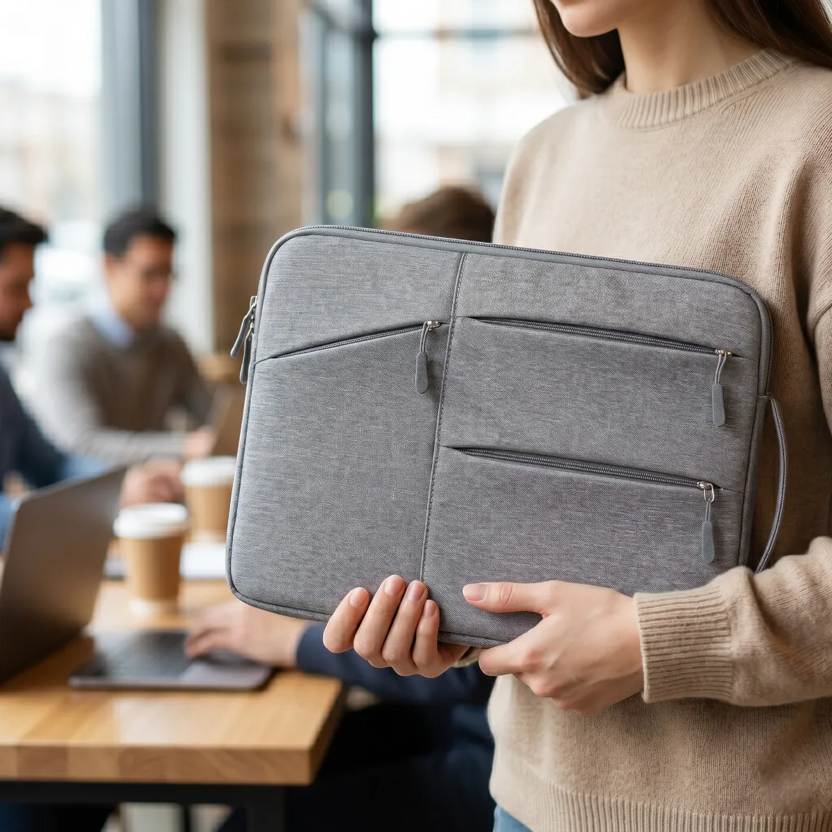 Femme d'affaires portant la housse fine ordinateur Cova en espace de coworking
