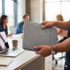 Protection nomade ergonomique Denim Nomad tenue à la main dans un espace de coworking.