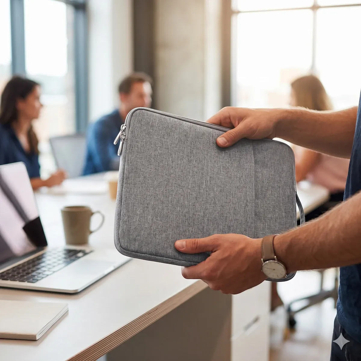Protection nomade ergonomique Denim Nomad tenue à la main dans un espace de coworking.