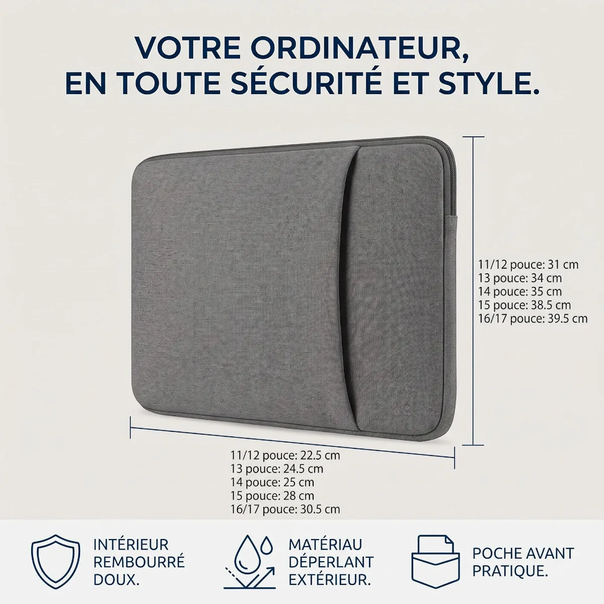 Guide des dimensions pour housse ordinateur 13 pouces, 14 pouces et housse pour ordinateur 15 pouces DuetPouch