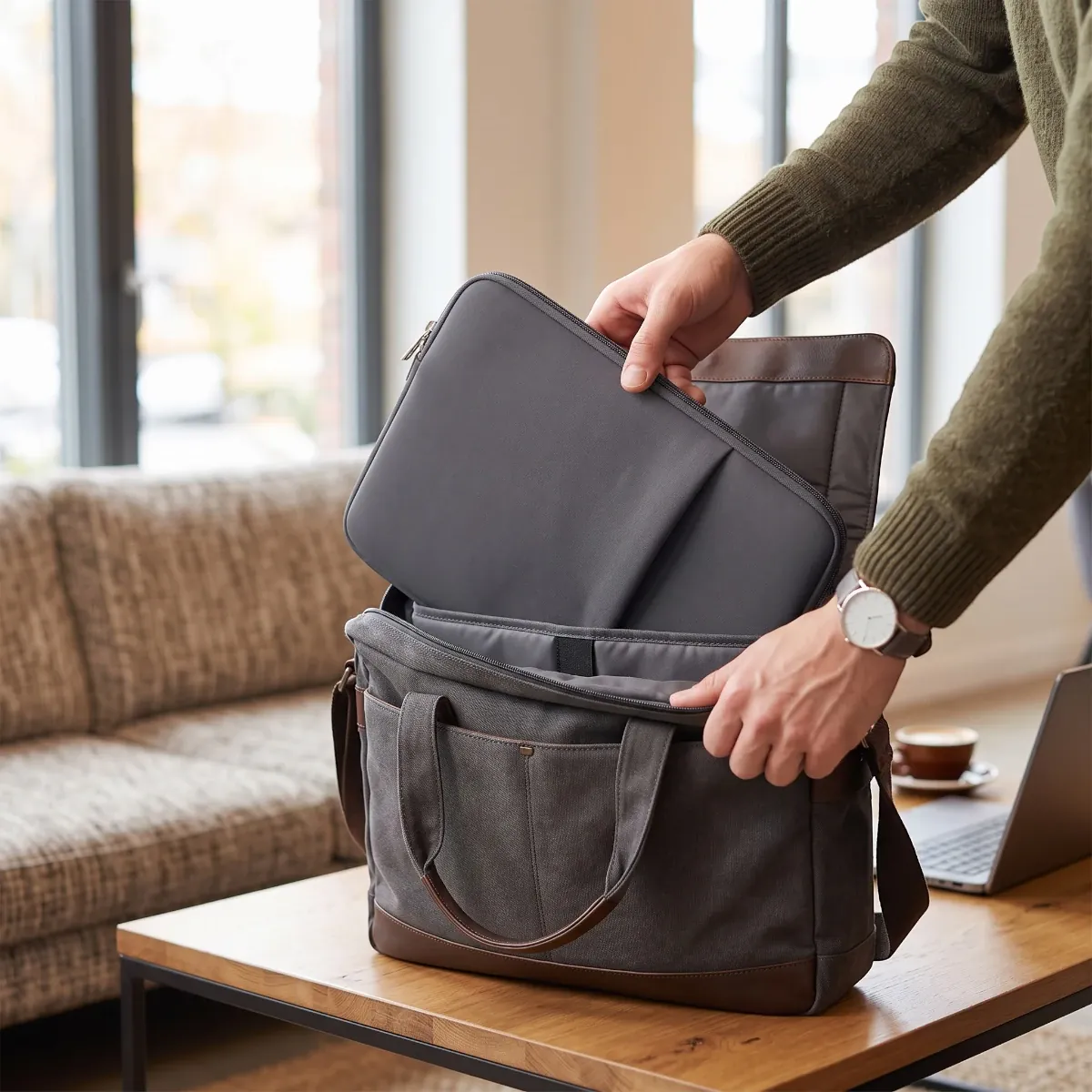 Housse pour macbook DuetPouch glissée dans une sacoche ordi, un porte-documents ou un sac ordinateur homme