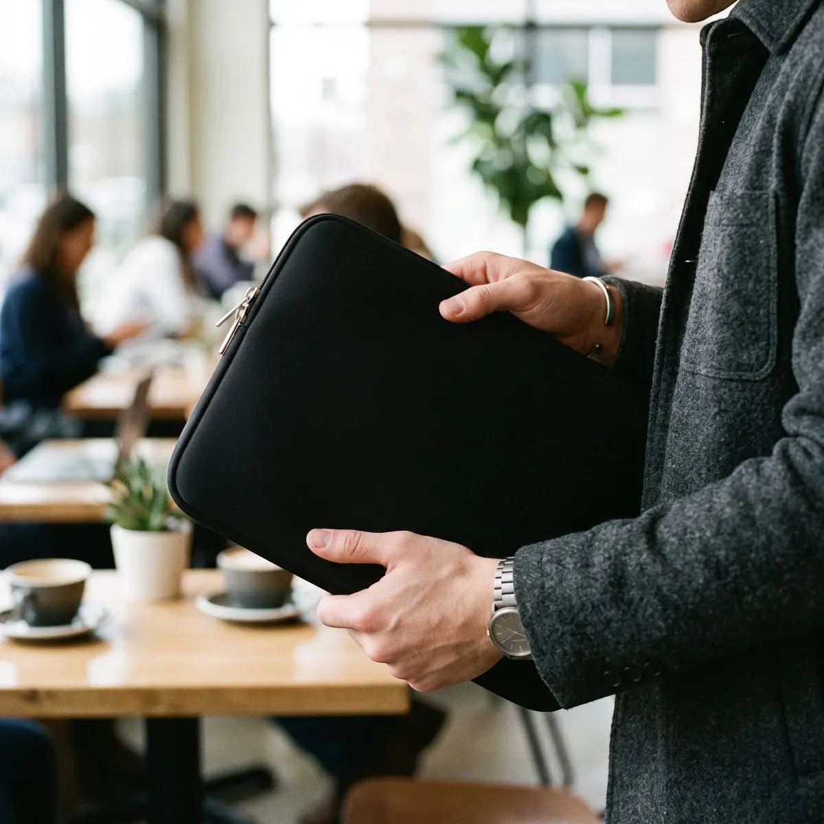Homme portant la housse ordinateur FlexSkin au bureau