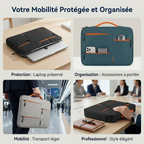 Infographie comparant les compartiments avant/arrière et les utilisations professionnelles de la housse ordinateur Nomad-Stretch