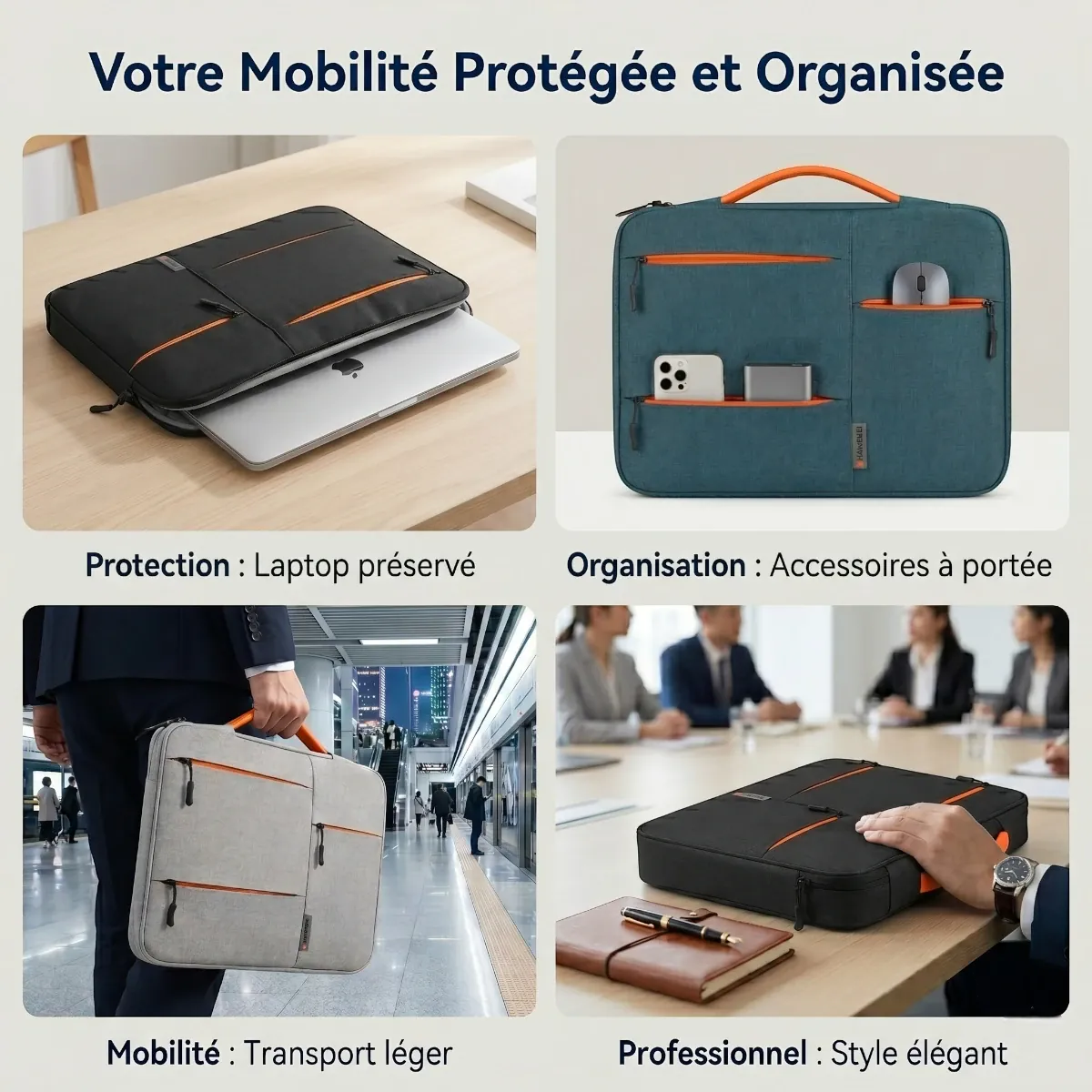 Infographie comparant les compartiments avant/arrière et les utilisations professionnelles de la housse ordinateur Nomad-Stretch