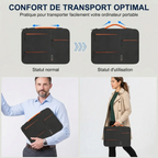 Infographie montrant le confort de transport et le fonctionnement de la poignée extensible de la housse ordinateur Nomad-Stretch