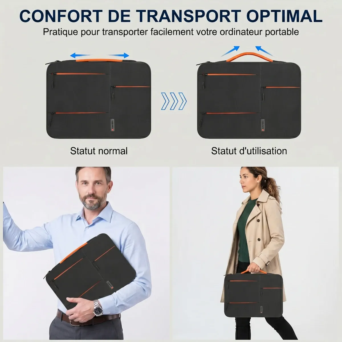 Infographie montrant le confort de transport et le fonctionnement de la poignée extensible de la housse ordinateur Nomad-Stretch