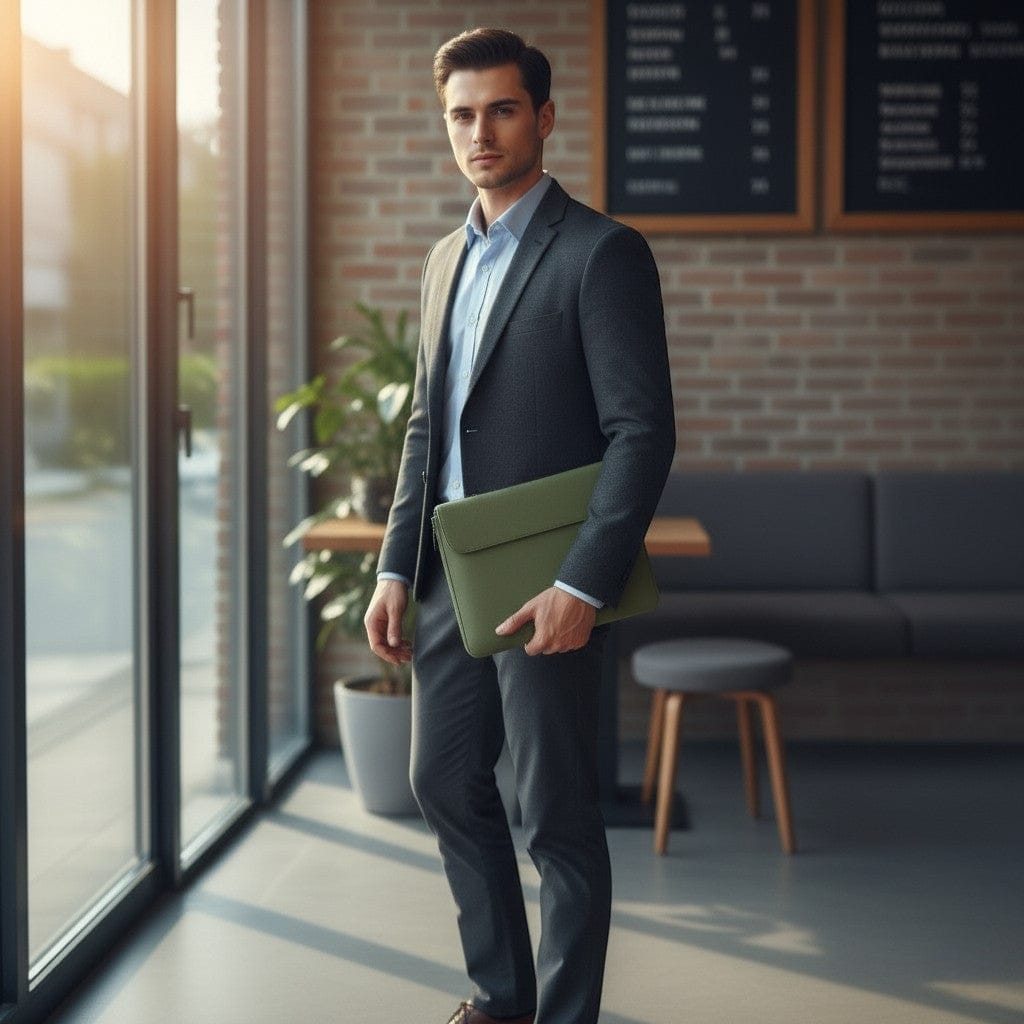 Homme d'affaires en costume portant une housse pour ordinateur portable en cuir vert dans un espace de travail moderne