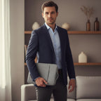 Homme en costume bleu tenant la housse pour ordinateur portable Denim Nomad grise sous son bras, prêt pour un déplacement professionnel dans un bureau élégant.