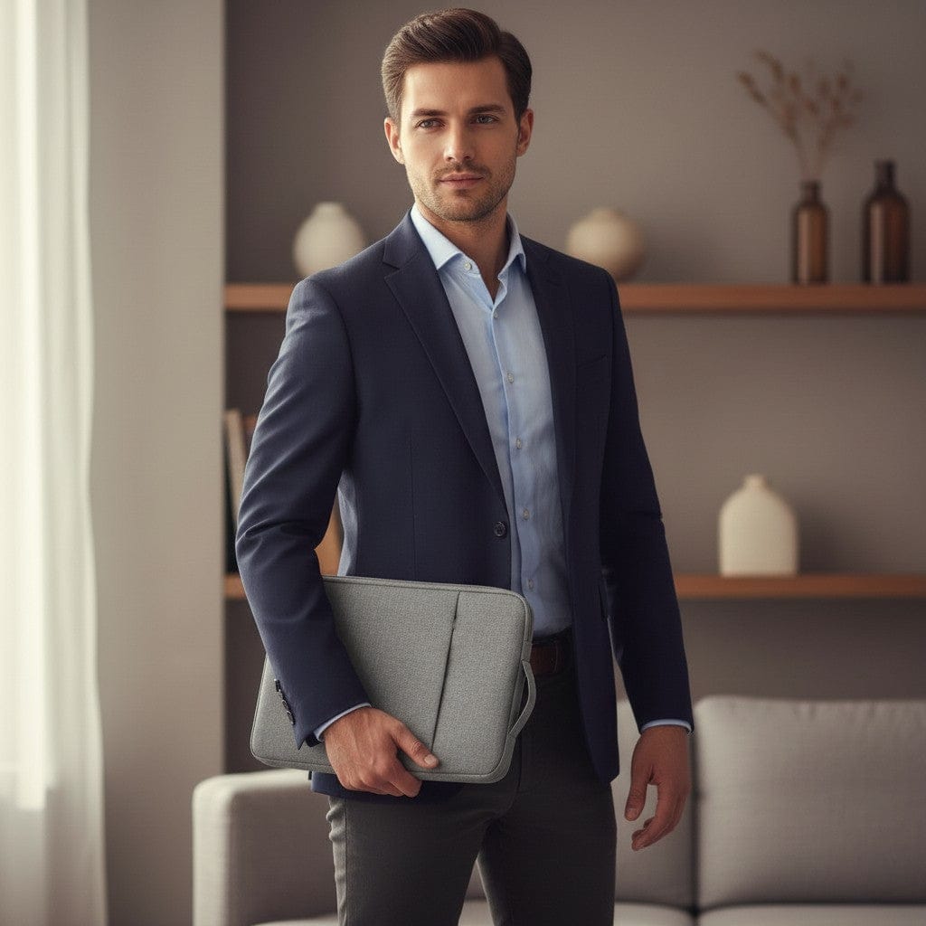 Homme en costume bleu tenant la housse pour ordinateur portable Denim Nomad grise sous son bras, prêt pour un déplacement professionnel dans un bureau élégant.