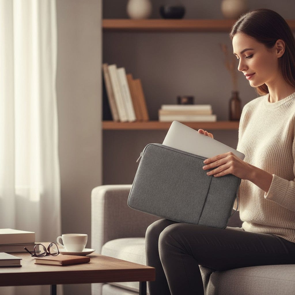 Femme ouvrant la housse pour ordinateur portable Denim Nomad grise sur un canapé dans un bureau à domicile organisé.