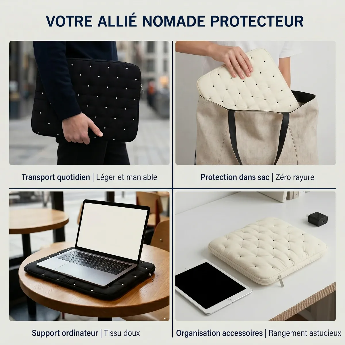 Infographie explicative des 4 cas d'utilisation nomades de la housse ordinateur Puffer