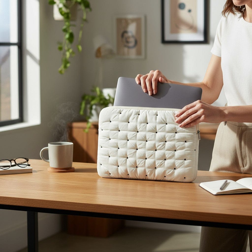 Insertion d'un ordinateur portable dans la housse ordinateur Puffer sur un bureau en bois