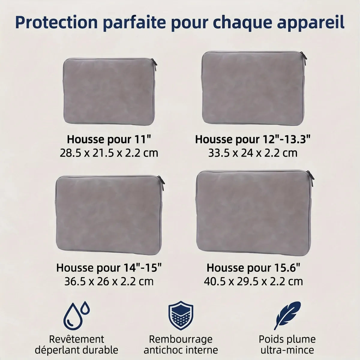 Infographie des dimensions et tailles pour housse ordinateur 13, 14 et 15 pouces SoftArmor pour sac a dos ordi