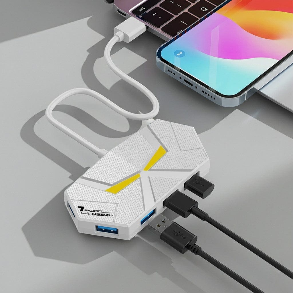 Hub USB 7 Ports 3.0 au Design Hexagonal Futuriste – Éclairage LED RGB & Alimentation Type-C