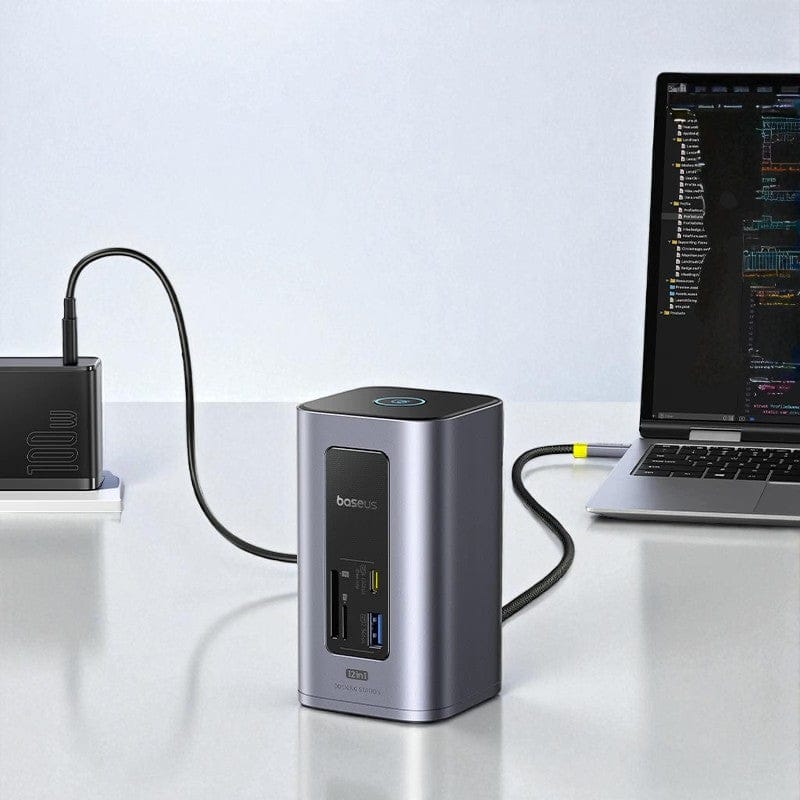 Hub USB-C 12-en-1 Aluminium – Dual 4K@60Hz, Charge 100W, Vitesse 10Gbps, Design Vertical Premium