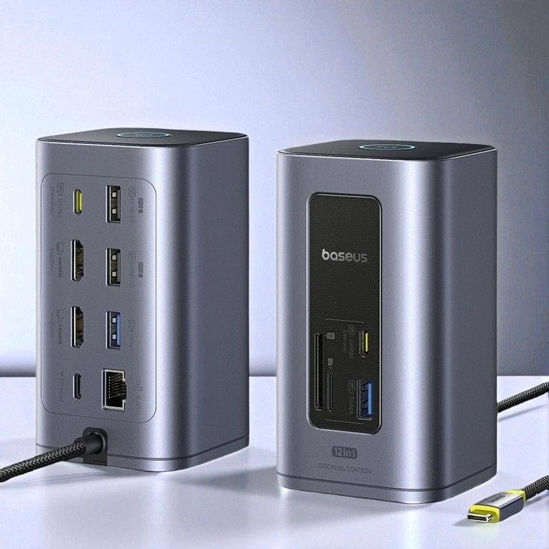 Hub USB-C 12-en-1 Aluminium – Dual 4K@60Hz, Charge 100W, Vitesse 10Gbps, Design Vertical Premium