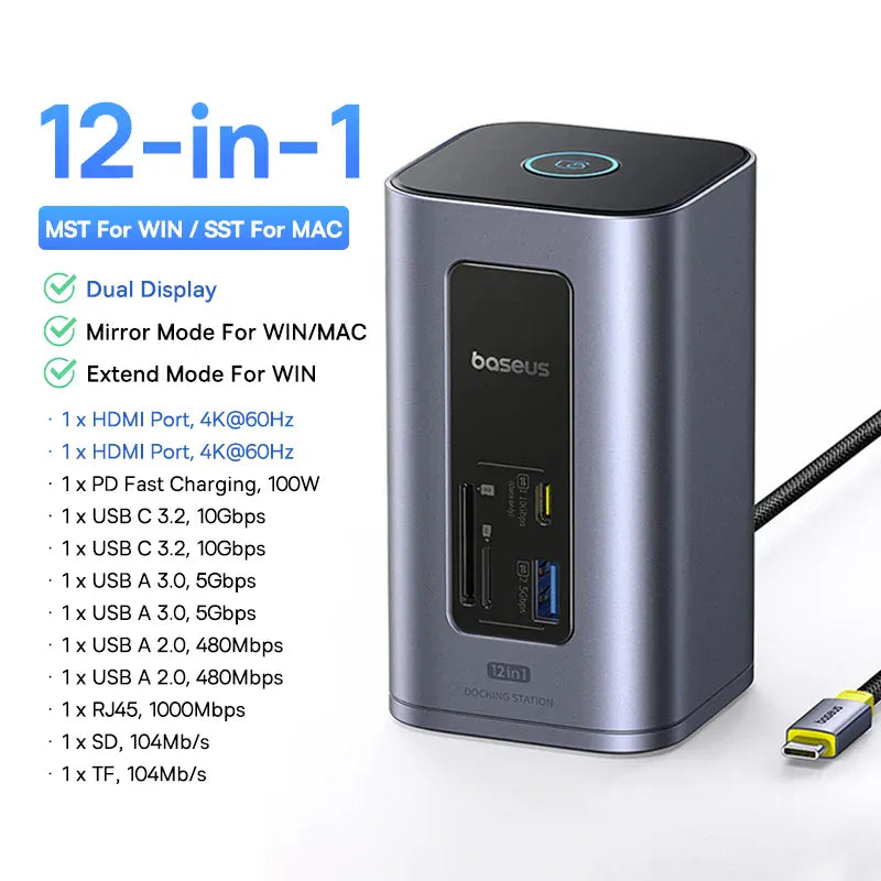 Hub USB-C 12-en-1 Aluminium – Dual 4K@60Hz, Charge 100W, Vitesse 10Gbps, Design Vertical Premium