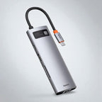 Hub USB-C 8-en-1 Aluminium Gris Sidéral avec Voyant LED - HDMI 4K, USB 3.0, Ethernet, SD/TF & PD 100W