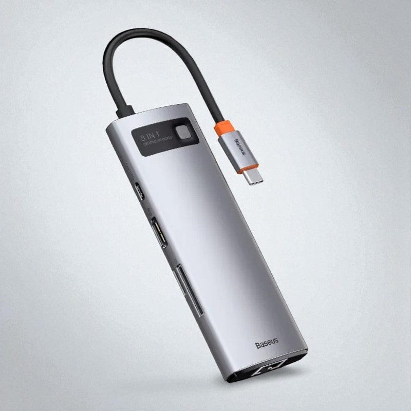 Hub USB-C 8-en-1 Aluminium Gris Sidéral avec Voyant LED - HDMI 4K, USB 3.0, Ethernet, SD/TF & PD 100W