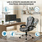 Infographie d'un fauteuil de bureau ergonomique gris illustrant ses 4 atouts : soutien postural intégral, rembourrage épais, base en métal stable et fonction d'inclinaison réglable de 90° à 130°.
