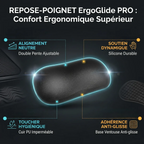 Infographie du repose-poignet de souris ErgoGlide PRO, détaillant ses 4 avantages : alignement neutre, soutien dynamique en silicone, toucher hygiénique imperméable, adhérence anti-glisse.