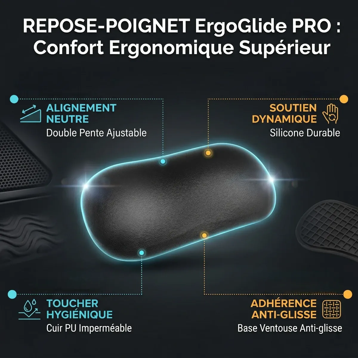 Infographie du repose-poignet de souris ErgoGlide PRO, détaillant ses 4 avantages : alignement neutre, soutien dynamique en silicone, toucher hygiénique imperméable, adhérence anti-glisse.