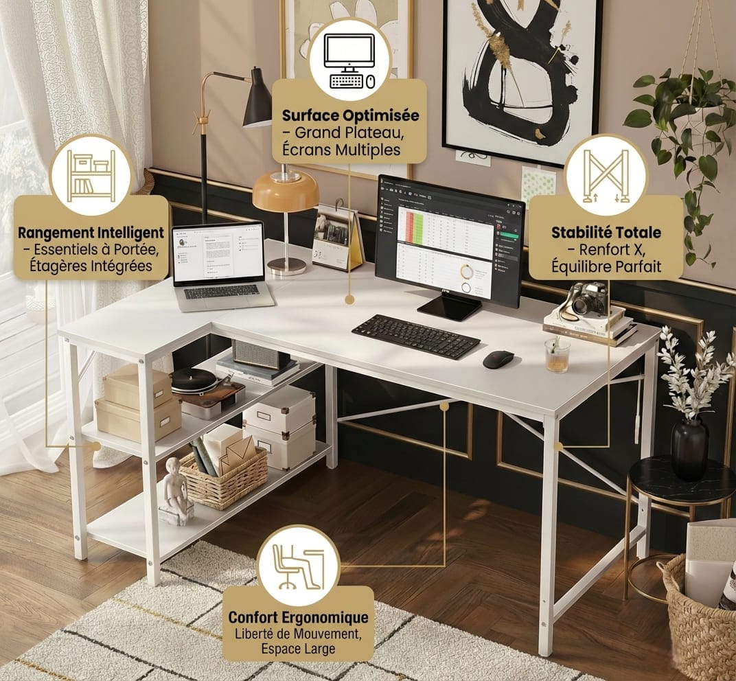 Bureau d'angle en L blanc 120 cm avec large plateau pour multi-écrans et étagères de rangement intégrées pour home office.
